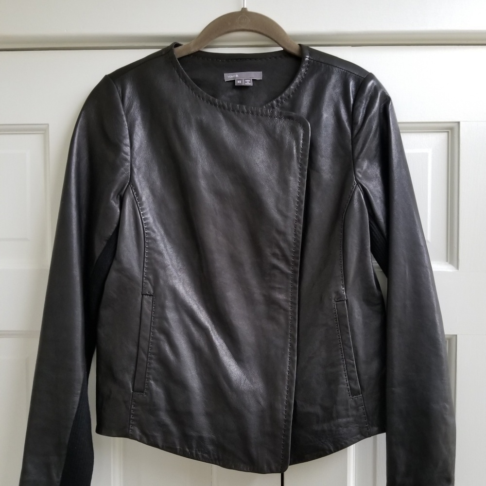 VinceBlack leather asymmetric biker leather jacket